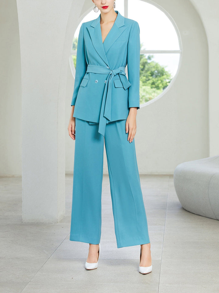 solovedress 2 Piece Blue Belt Double Breasted Women's Suit (Blazer+Pants)