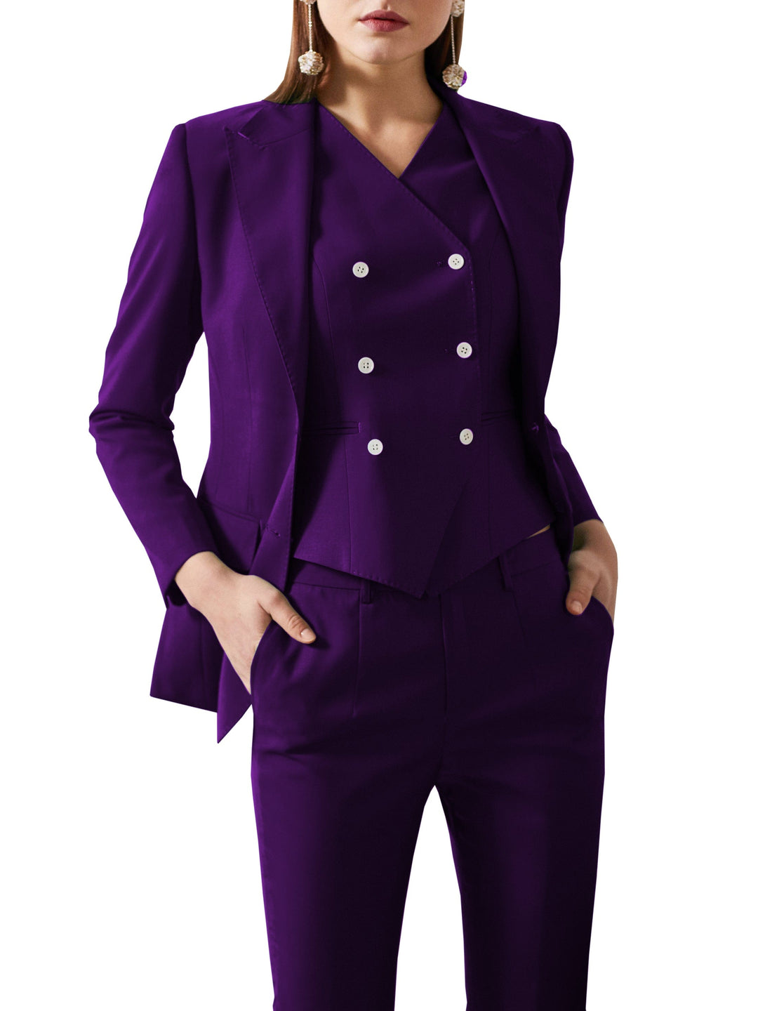 solovedress 3 Pieces Double Buttons Peak Lapel Women Suit (Blazer+vest+Pants)