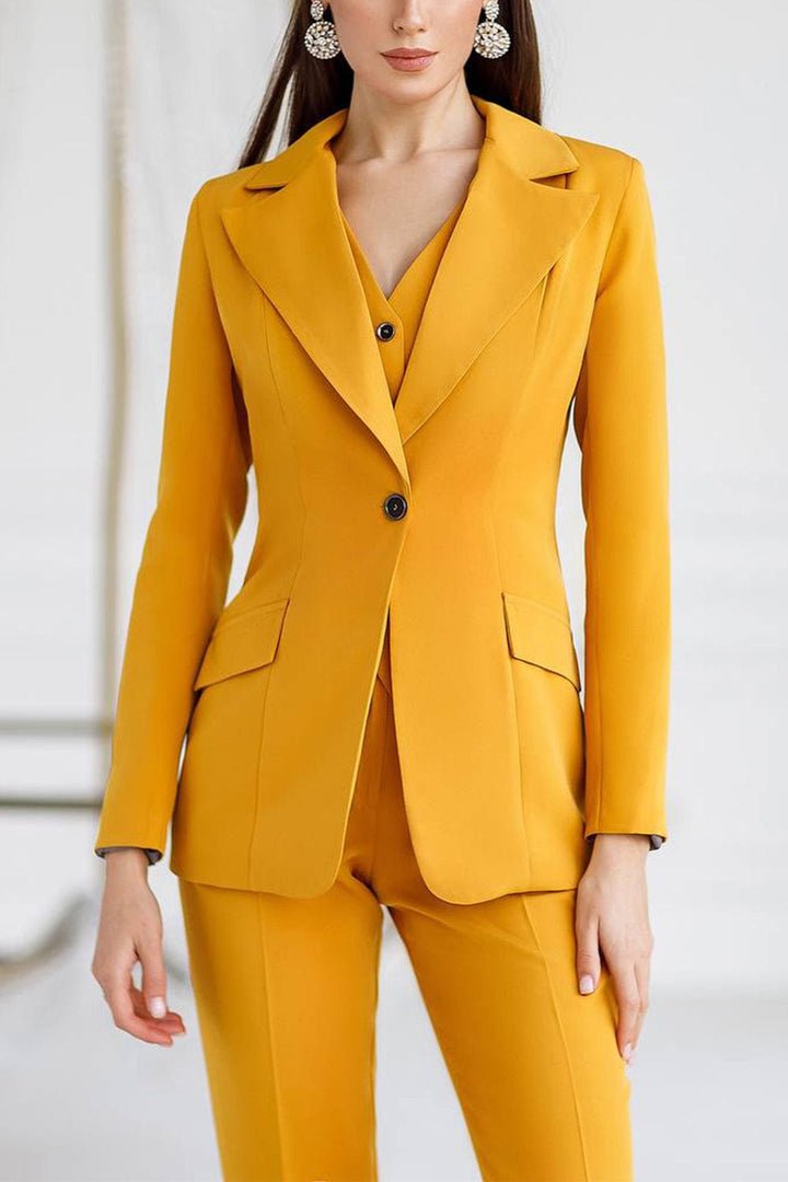 solovedress Gold 3 Piece Single Buttons Slim Fit Women Suit (Blazer+Vest+Pants)