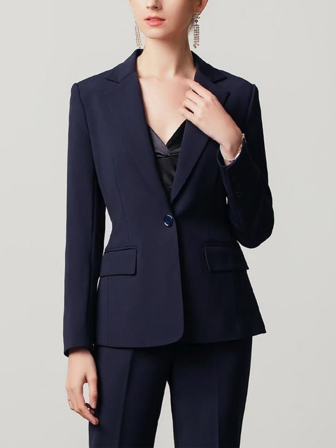 solovedress Navy Blue 2 Piece Solid Color Notch Lapel Single Buttons Slim Fit Women's Suit (Blazer+Pants)