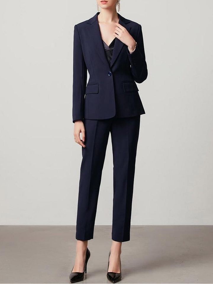 solovedress Navy Blue 2 Piece Solid Color Notch Lapel Single Buttons Slim Fit Women's Suit (Blazer+Pants)